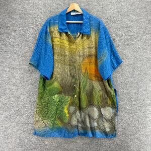 Dalin Shirt Women 1X Plus Blue Geometric Button Up Short Sleeve Collared Casual